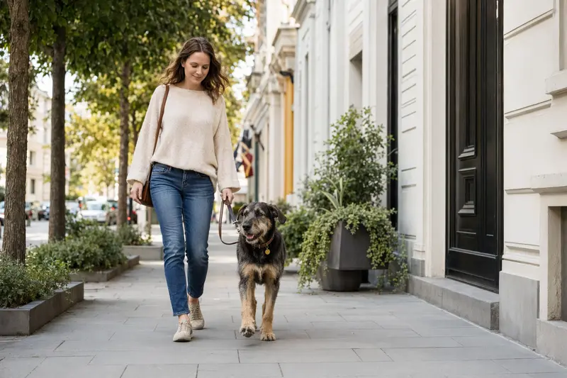 Ein Karst Schäferhund läuft angeleint mit seinem Besitzer entspannt durch eine moderne Stadtstraße.