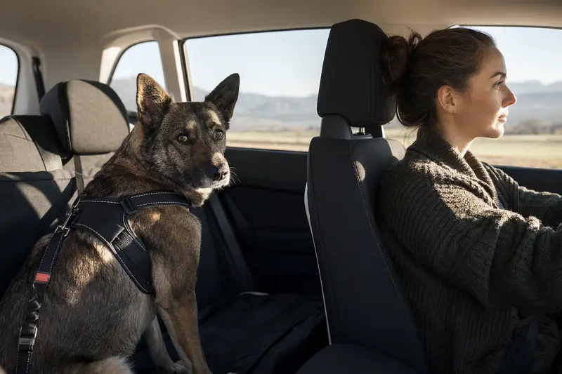 Ein Karst Schäferhund sitzt auf der Rückbank eines Autos, sicher angeschnallt und genießt das Sonnenlicht.