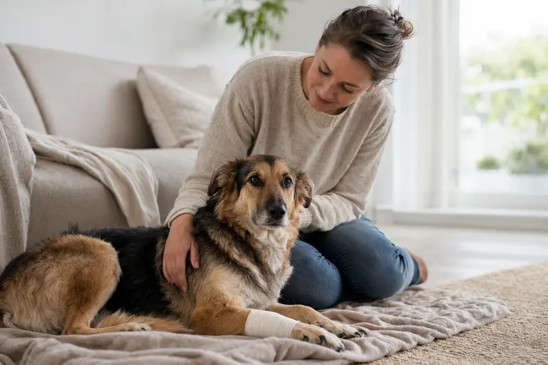 Ein Karst Schäferhund liegt mit einem leichten Verband an der Pfote neben seinem Besitzer in einer hellen Wohnung, beide strahlen Ruhe und Fürsorge aus.