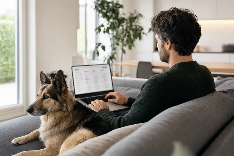 Ein Hundebesitzer arbeitet am Laptop auf dem Sofa, während ein Karst Schäferhund entspannt neben ihm sitzt.