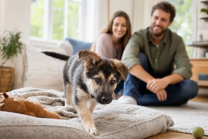 Ein neugieriger Karst Schäferhund Welpe erkundet sein neues Zuhause mit einer weichen Decke und Spielzeug.