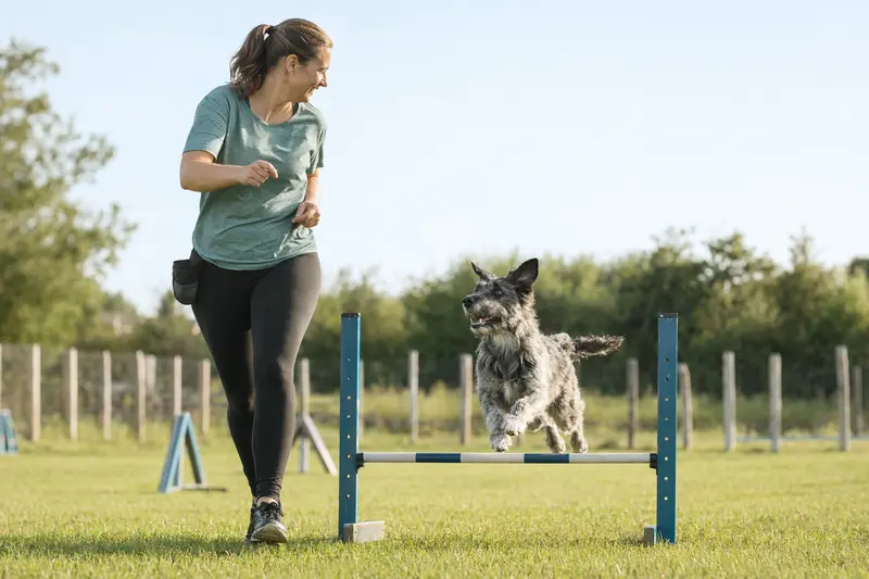 Ein aktiver Karsthund trainiert mit seinem Besitzer auf einem Hundeplatz über eine kleine Hürde und wirkt dabei aufmerksam, freudig und sicher.