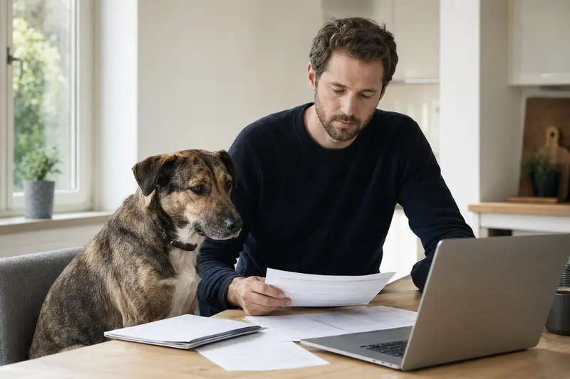 Ein Karsthund sitzt ruhig neben seinem Besitzer am Küchentisch, während Versicherungsunterlagen und ein Laptop auf dem Tisch liegen.