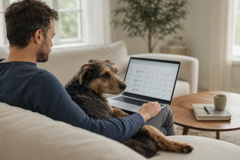 Ein Hundebesitzer entspannt sich auf dem Sofa mit seinem Karsthund und vergleicht Tierversicherungen am Laptop.