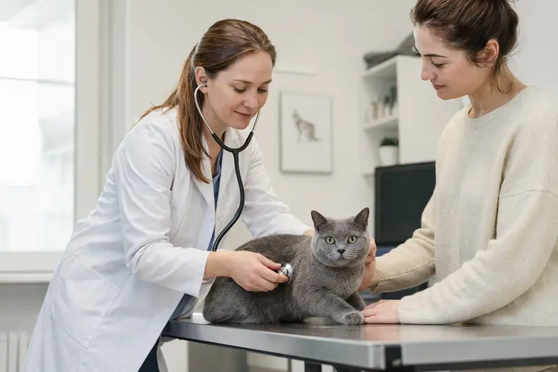 Eine Kartäuser Katze wird behutsam von einer freundlichen Tierärztin mit einem Stethoskop in einer hellen, modernen Tierarztpraxis untersucht, während der Besitzer beruhigend danebensteht.
