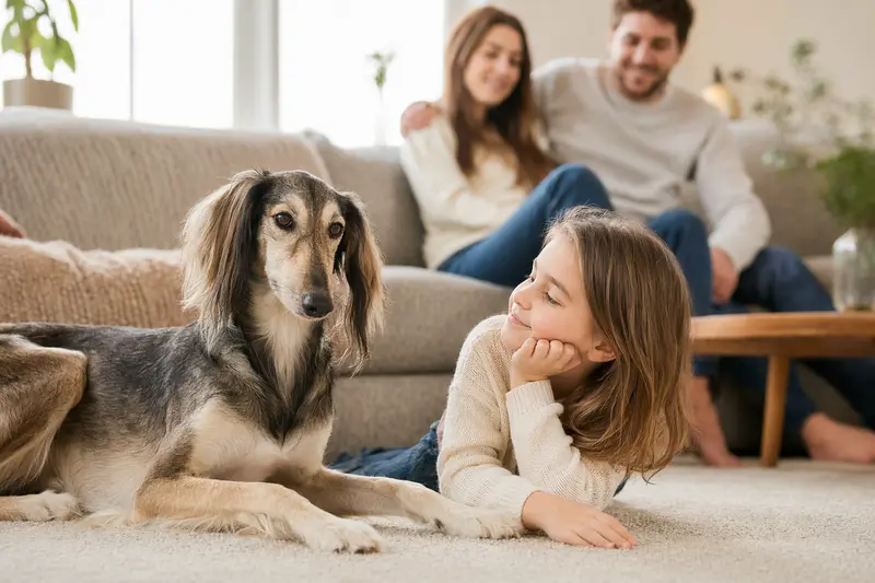 Ein Kasachskaja Tazi Hund liegt entspannt neben einem Kind im hellen Wohnzimmer und vermittelt eine vertrauensvolle Familienatmosphäre.