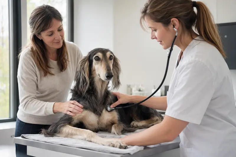 Ein kasachskaja Tazi Hund wird in einer modernen Tierarztpraxis von einer freundlichen Tierärztin untersucht.