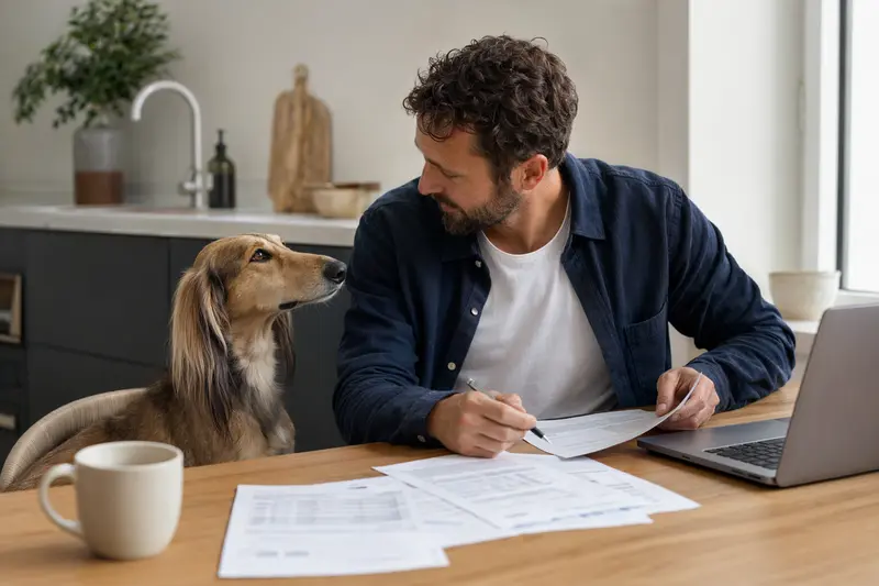 Ein Kasachskaja Tazi Hund sitzt neben seinem Besitzer am Küchentisch, auf dem Versicherungsunterlagen und ein Laptop liegen.