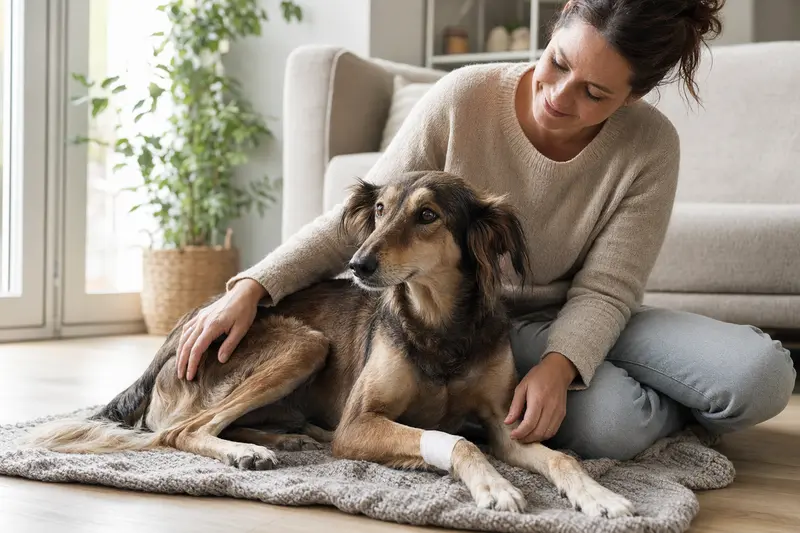 Ein kasachskaja Tazi Hund mit Verband liegt beruhigt auf einer Decke neben seinem erleichterten Besitzer.