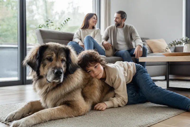 Ein Kashmir Mastiff liegt entspannt neben einem Kind im hellen Wohnzimmer, während die Eltern im Hintergrund eine sichere Familienatmosphäre schaffen.