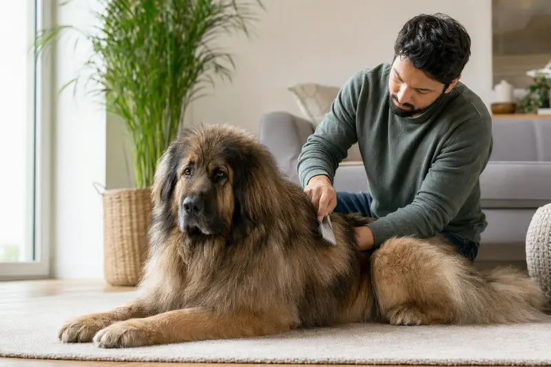 Ein Kashmir Mastiff wird in der Wohnung liebevoll gebürstet, während sein Besitzer die Fellpflege als Teil der Gesundheitsvorsorge übernimmt.