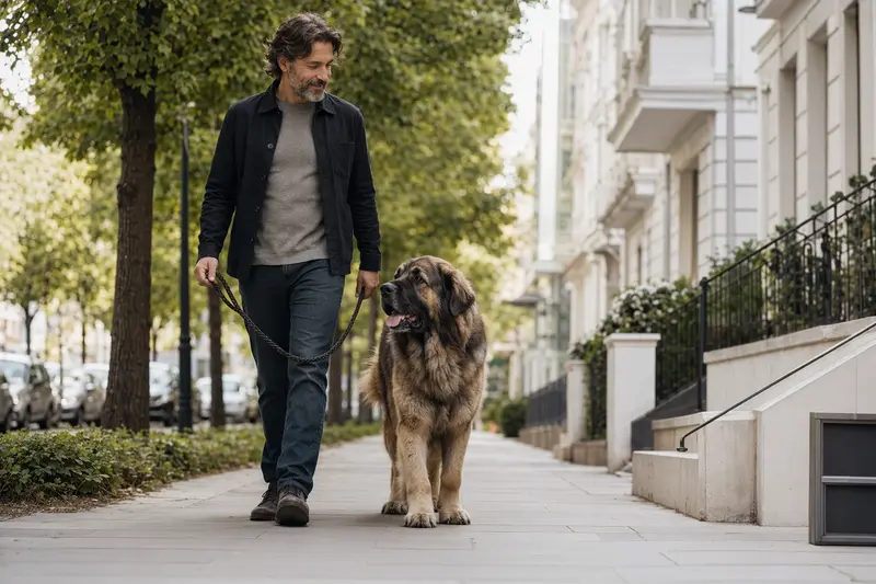 Ein Kashmir Mastiff läuft entspannt an der Leine mit seinem Besitzer durch eine moderne Stadtstraße.