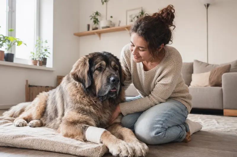 Ein entspannter Kashmir Mastiff mit leichtem Verband an der Pfote liegt neben seinem Besitzer in einer hellen Wohnung.