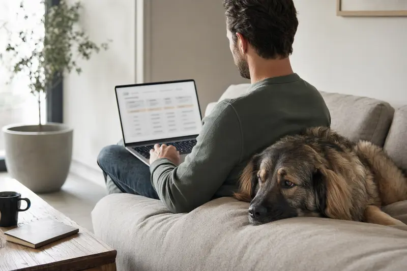 Ein Besitzer sitzt mit einem Laptop auf dem Sofa neben seinem Kashmir Mastiff und vergleicht tiermedizinische Versicherungen.