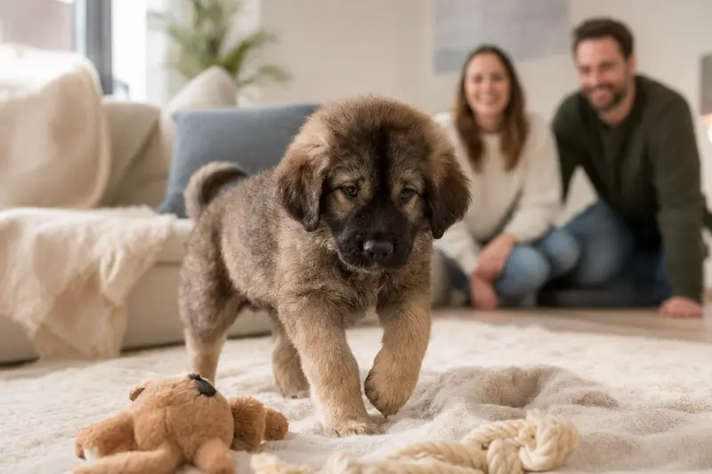 Ein junger Kashmir Mastiff Welpe erkundet neugierig sein neues Zuhause mit Spielzeug und einer weichen Decke.