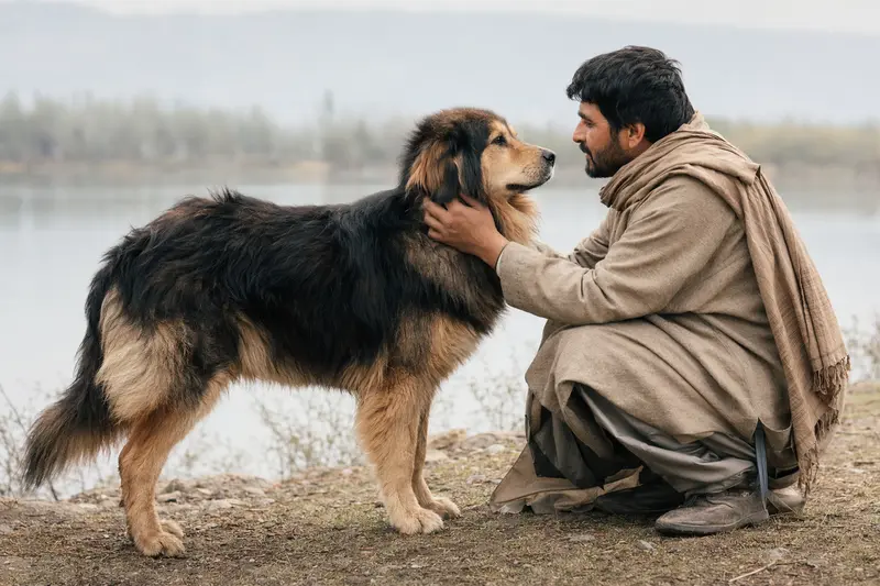 Ein Kashmiri Bakharwal Dog steht aufmerksam vor hellem Hintergrund in natürlicher Pose und zeigt die typischen Merkmale der Hunderasse.