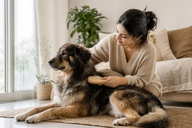 Ein Kashmiri Bakharwal Dog wird in einer hellen Wohnung sanft gebürstet, während sich sein Besitzer liebevoll um die Fellpflege kümmert.