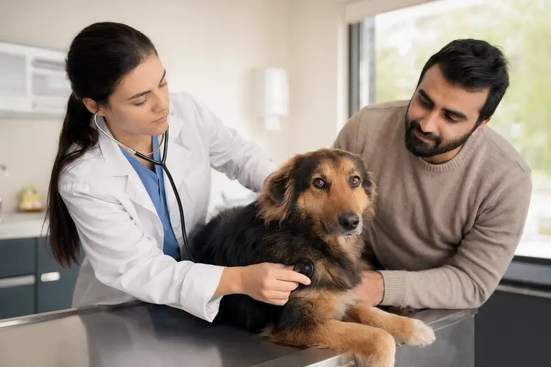 Eine Tierärztin untersucht einen ruhigen Kashmiri Bakharwal Dog behutsam mit dem Stethoskop, während der Besitzer in der modernen Tierarztpraxis beruhigend danebensteht.
