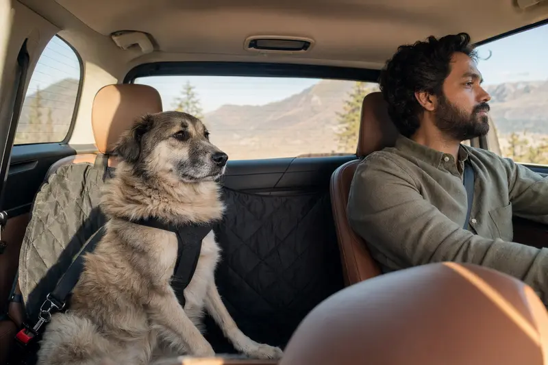 Ein Kashmiri Bakharwal Dog sitzt sicher angeschnallt auf der Rückbank eines Autos, während der Besitzer ruhig fährt.