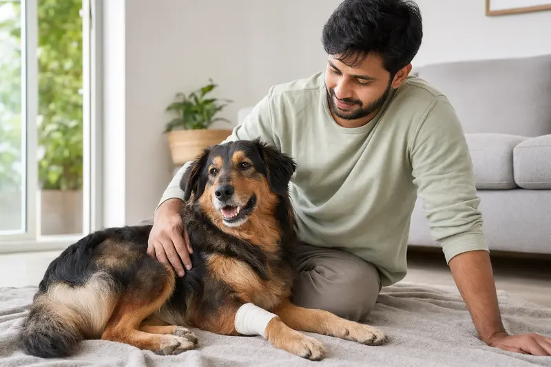 Ein Kashmiri Bakharwal Dog mit leichtem Verband an der Pfote liegt ruhig auf einer Decke, während sein Besitzer erleichtert neben ihm sitzt.