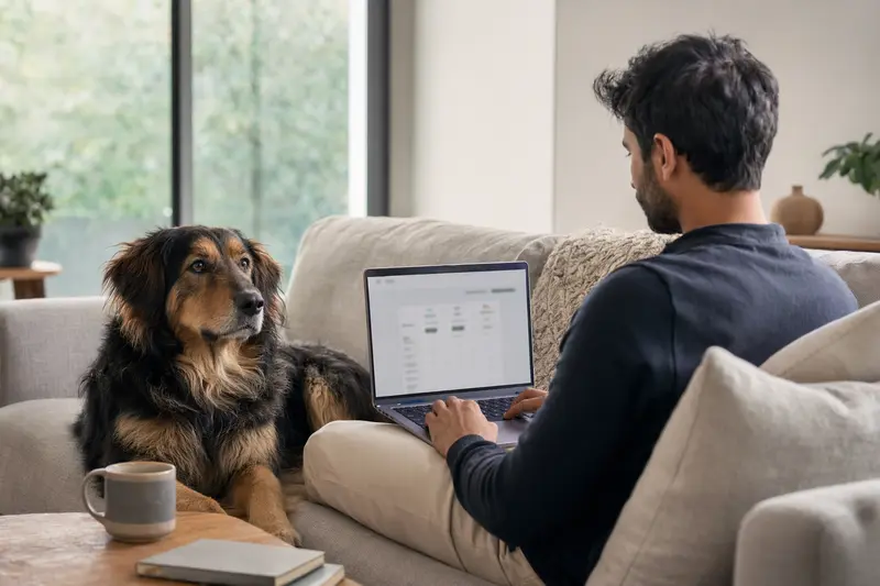 Ein Hundebesitzer sitzt mit einem Kashmiri Bakharwal Dog und einem Laptop auf dem Sofa, während er Versicherungen vergleicht.