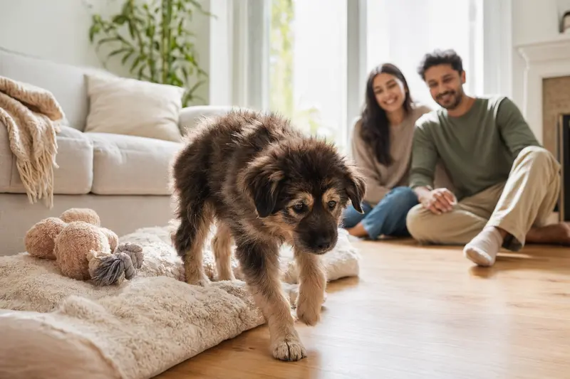 Ein junger Kashmiri Bakharwal Dog Welpe entdeckt neugierig sein neues Zuhause in einer hellen Wohnung mit weicher Decke, Spielzeug und liebevoller Familie im Hintergrund.