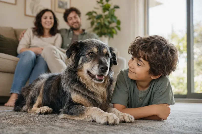 Ein freundlicher Katalanischer Schäferhund liegt entspannt neben einem Kind im hellen Wohnzimmer, während die Eltern im Hintergrund zu sehen sind.