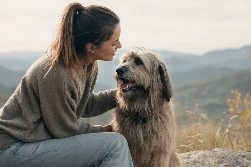 Katalanischer Schäferhund in natürlicher Haltung vor hellem Hintergrund als realistisches Tierportrait.