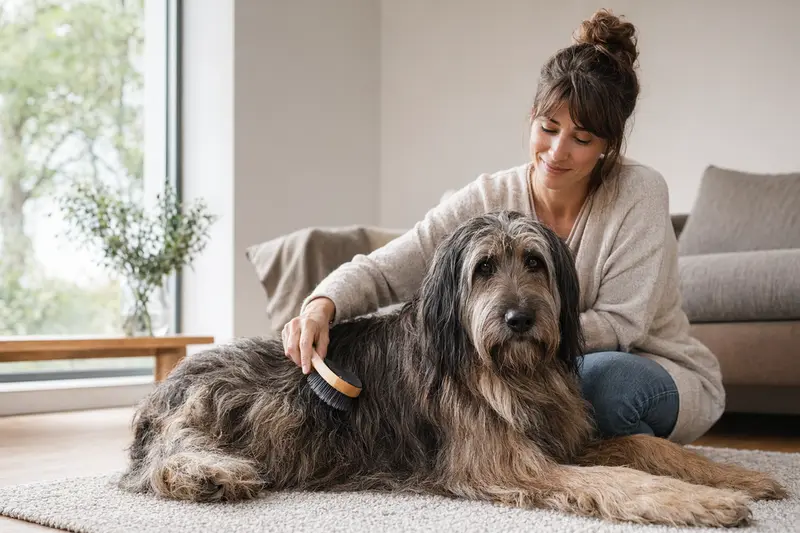 Ein Katalanischer Schäferhund wird in einer hellen Wohnung liebevoll gebürstet, während sein Besitzer die Fellpflege ruhig und sorgfältig übernimmt.