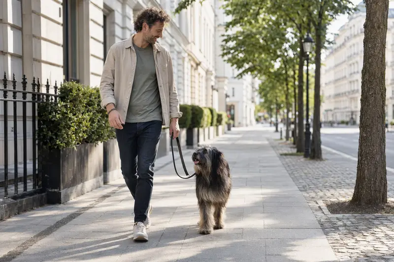 Ein Katalanischer Schäferhund läuft an der Leine neben seinem Besitzer durch eine freundliche, moderne Stadtstraße.