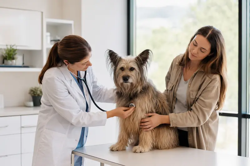 Eine freundliche Tierärztin untersucht einen ruhigen Katalanischen Schäferhund auf einem Untersuchungstisch in einer modernen Tierarztpraxis.