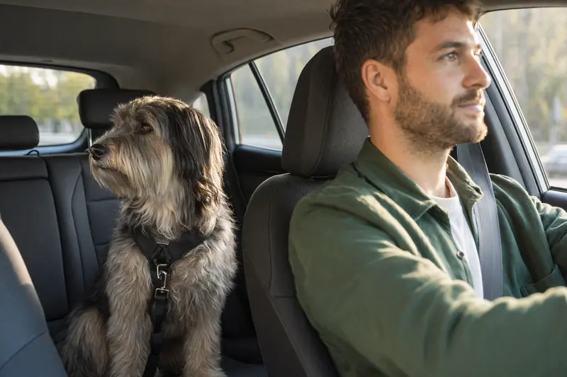 Ein Katalanischer Schäferhund sitzt sicher angeschnallt auf der Rückbank eines Autos, während der Besitzer ruhig fährt.