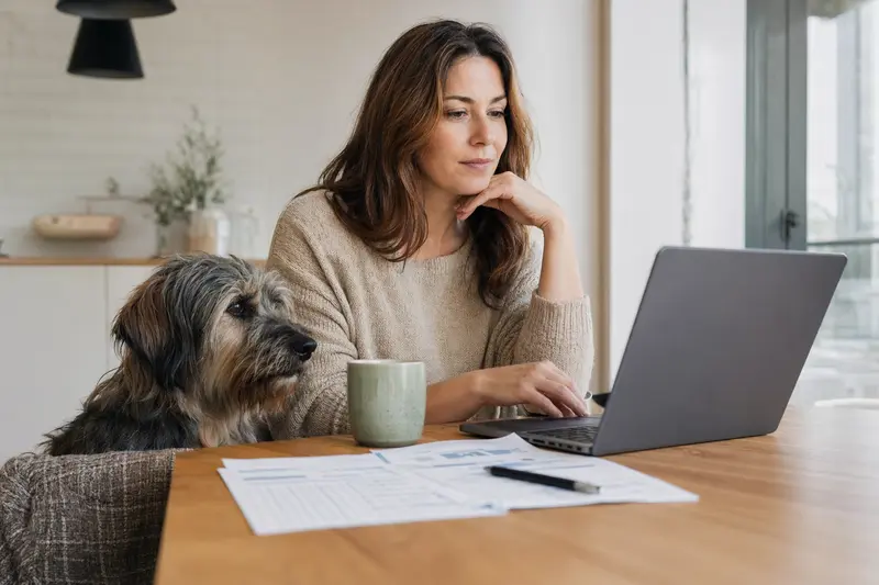 Katalanischer Schäferhund sitzt ruhig neben seinem Besitzer am Küchentisch mit Versicherungsunterlagen und einem Laptop zur Tierkrankenversicherung.