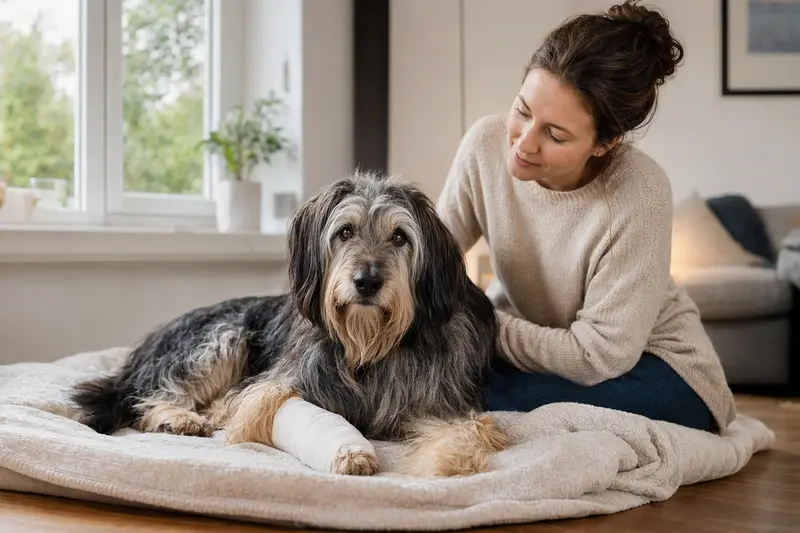 Katalanischer Schäferhund mit leichtem Verband an der Pfote liegt ruhig auf einer Decke neben seinem erleichterten Besitzer.