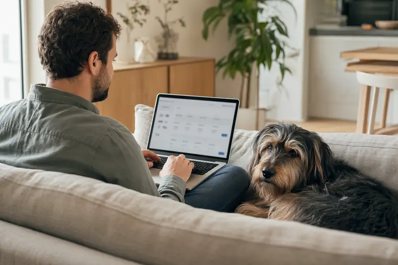 Ein Besitzer mit einem Katalanischen Schäferhund sitzt auf dem Sofa und vergleicht Versicherungsangebote auf einem Laptop.