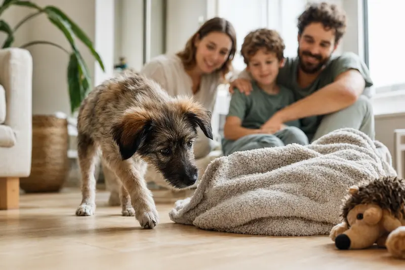 Ein neugieriger Katalanischer Schäferhund Welpe erkundet sein neues Zuhause mit einer liebevollen Familie im Hintergrund.