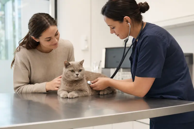Eine entspannte Tiffany Katze auf dem Untersuchungstisch beim Tierarzt, während die Tierärztin sie sorgfältig mit dem Stethoskop untersucht.