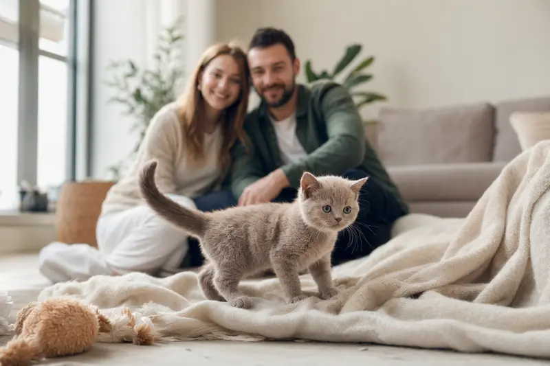 Ein neugieriges Tiffany Kätzchen erkundet sein neues Zuhause mit einer weichen Decke und Spielzeug, während die liebevolle Familie im Hintergrund zuschaut.