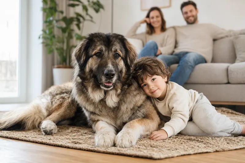 Ein freundlicher Kaukasischer Hirtenhund liegt entspannt neben einem Kind im hellen Wohnzimmer, während die Eltern im Hintergrund eine sichere Familienatmosphäre ausstrahlen.