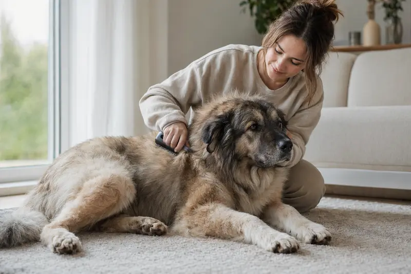 Ein Kaukasischer Hirtenhund wird in einer hellen Wohnung liebevoll gebürstet, während der Besitzer auf Fellpflege und Gesundheit achtet.