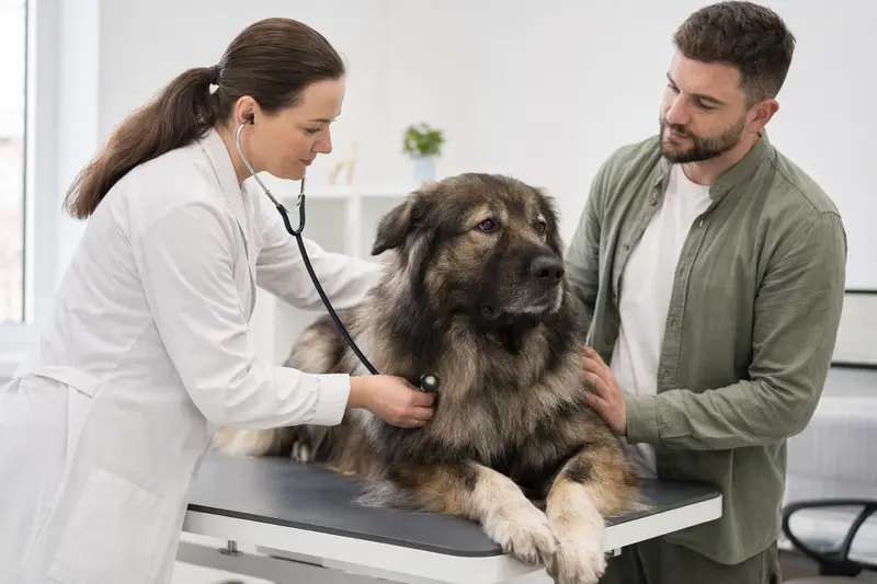 Ein Kaukasischer Hirtenhund wird freundlich von einer Tierärztin auf einem Untersuchungstisch untersucht.