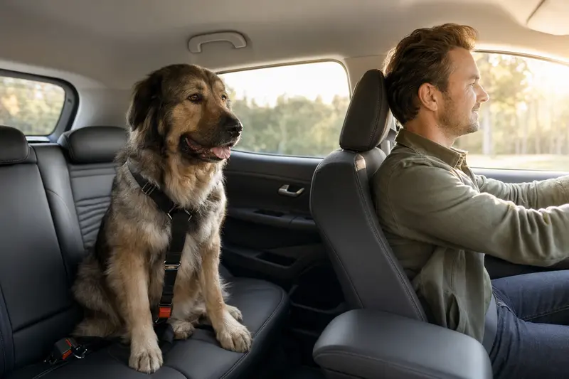 Ein Kaukasischer Hirtenhund sitzt sicher angeschnallt auf der Rückbank eines Autos, während der Besitzer ruhig fährt.