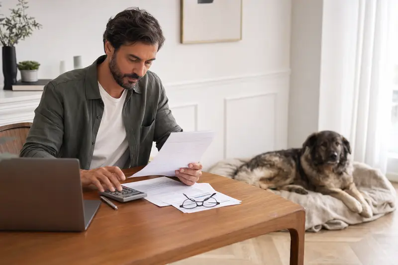 Besitzer und Kaukasischer Hirtenhund am Tisch mit einer Tierarztrechnung, passend zum Thema Hundekrankenversicherung und Tierarztkosten.
