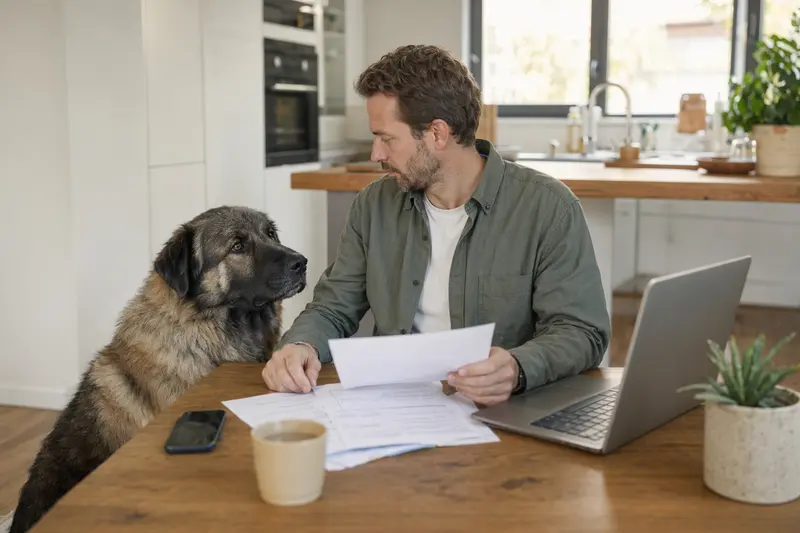 Ein Kaukasischer Hirtenhund sitzt neben seinem Besitzer am Küchentisch, während auf dem Tisch Versicherungsunterlagen und ein Laptop liegen.