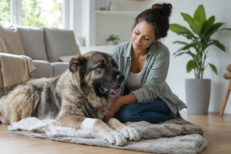 Ein Kaukasischer Hirtenhund mit leichtem Verband liegt entspannt auf einer Decke, während sein Besitzer beruhigt daneben sitzt.