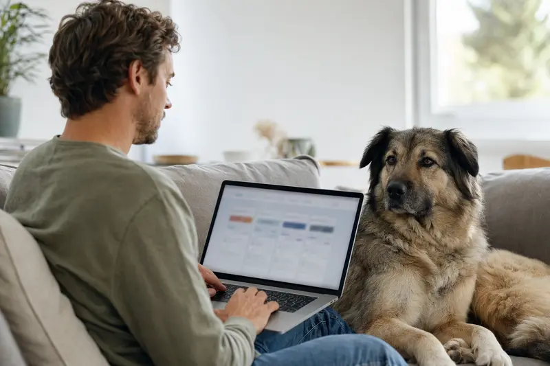 Ein Hundebesitzer arbeitet am Laptop auf dem Sofa, während ein Kaukasischer Hirtenhund entspannt daneben sitzt, was Sicherheit und einfache Entscheidungen symbolisiert.