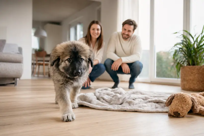 Ein neugieriger Kaukasischer Hirtenhund Welpe entdeckt sein neues Zuhause mit einer liebevollen Familie und einem weichen Spielzeug im Hintergrund.