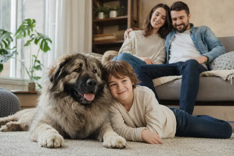 Ein freundlicher Kaukasischer Owtscharka Hund liegt entspannt neben einem Kind im Wohnzimmer und sorgt für eine harmonische Familienatmosphäre.