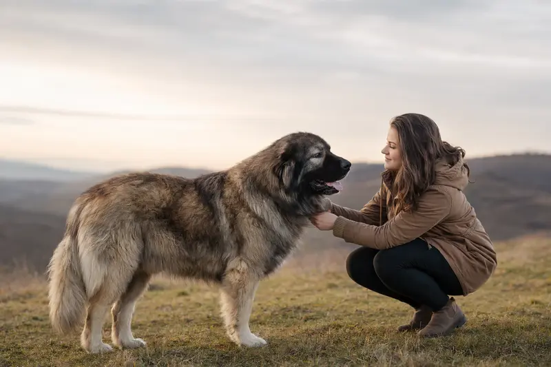 Kaukasischer Owtscharka Hund steht aufmerksam vor hellem Hintergrund in einem realistischen Tierportrait.