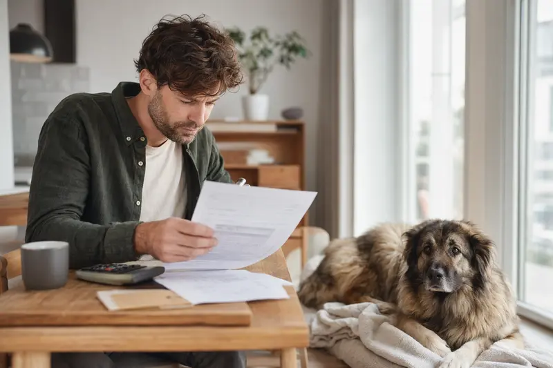 Hundebesitzer mit Tierarztrechnung am Tisch, während ein entspannter Kaukasischer Owtscharka auf einer Decke liegt und die Situation ruhig wirkt.